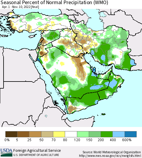 Middle East and Turkey Seasonal Percent of Normal Precipitation (WMO) Thematic Map For 4/1/2022 - 11/10/2022