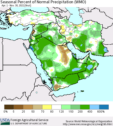 Middle East and Turkey Seasonal Percent of Normal Precipitation (WMO) Thematic Map For 4/1/2022 - 11/30/2022