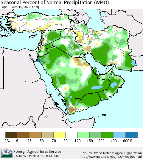 Middle East and Turkey Seasonal Percent of Normal Precipitation (WMO) Thematic Map For 4/1/2022 - 12/10/2022