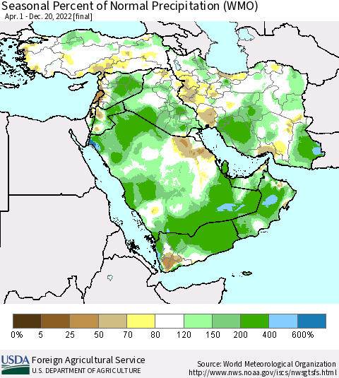 Middle East and Turkey Seasonal Percent of Normal Precipitation (WMO) Thematic Map For 4/1/2022 - 12/20/2022