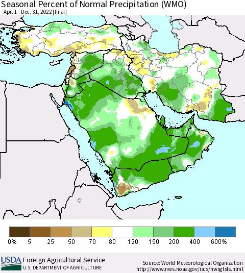 Middle East and Turkey Seasonal Percent of Normal Precipitation (WMO) Thematic Map For 4/1/2022 - 12/31/2022