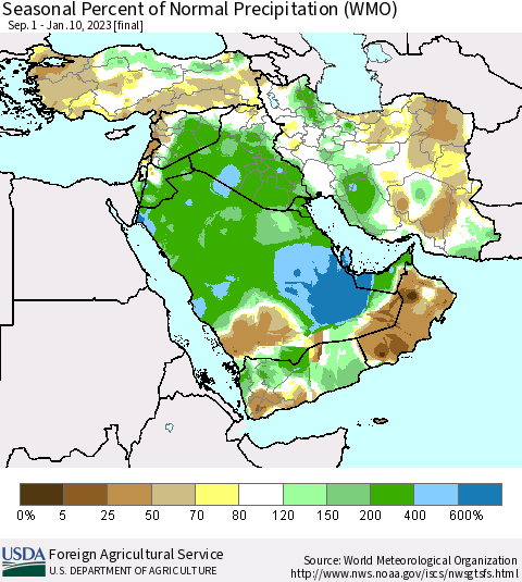 Middle East and Turkey Seasonal Percent of Normal Precipitation (WMO) Thematic Map For 9/1/2022 - 1/10/2023
