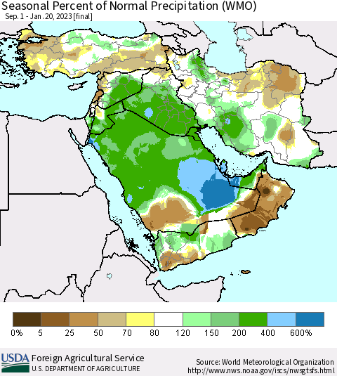 Middle East and Turkey Seasonal Percent of Normal Precipitation (WMO) Thematic Map For 9/1/2022 - 1/20/2023