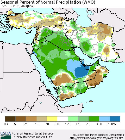 Middle East and Turkey Seasonal Percent of Normal Precipitation (WMO) Thematic Map For 9/1/2022 - 1/31/2023