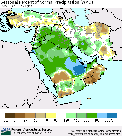Middle East and Turkey Seasonal Percent of Normal Precipitation (WMO) Thematic Map For 9/1/2022 - 2/10/2023