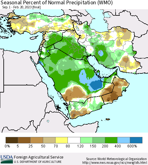 Middle East and Turkey Seasonal Percent of Normal Precipitation (WMO) Thematic Map For 9/1/2022 - 2/20/2023