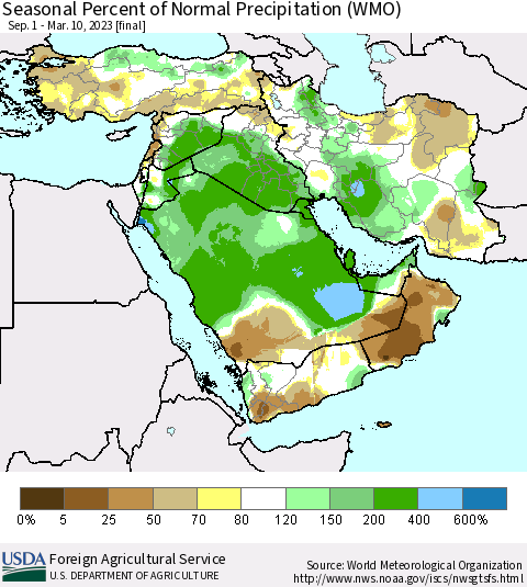 Middle East and Turkey Seasonal Percent of Normal Precipitation (WMO) Thematic Map For 9/1/2022 - 3/10/2023