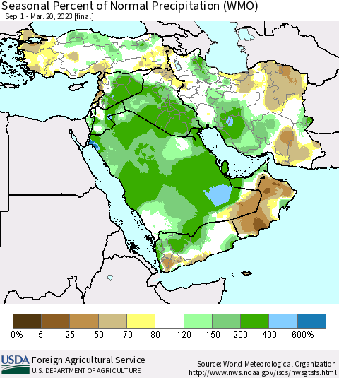 Middle East and Turkey Seasonal Percent of Normal Precipitation (WMO) Thematic Map For 9/1/2022 - 3/20/2023