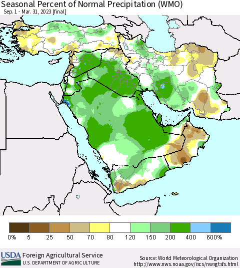 Middle East and Turkey Seasonal Percent of Normal Precipitation (WMO) Thematic Map For 9/1/2022 - 3/31/2023
