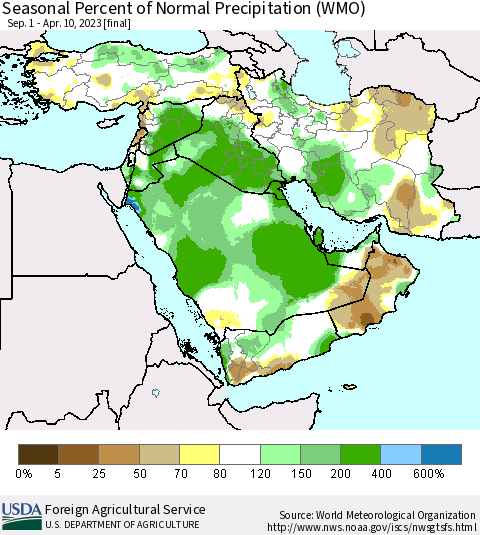 Middle East and Turkey Seasonal Percent of Normal Precipitation (WMO) Thematic Map For 9/1/2022 - 4/10/2023