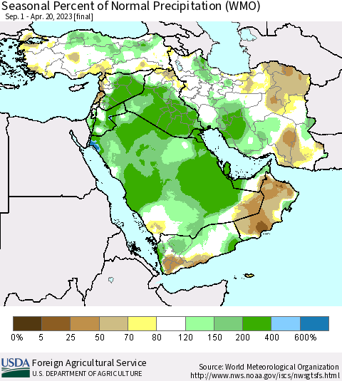 Middle East and Turkey Seasonal Percent of Normal Precipitation (WMO) Thematic Map For 9/1/2022 - 4/20/2023