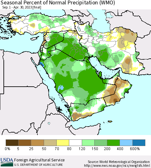 Middle East and Turkey Seasonal Percent of Normal Precipitation (WMO) Thematic Map For 9/1/2022 - 4/30/2023