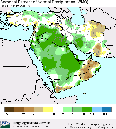 Middle East and Turkey Seasonal Percent of Normal Precipitation (WMO) Thematic Map For 9/1/2022 - 5/10/2023