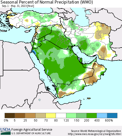 Middle East and Turkey Seasonal Percent of Normal Precipitation (WMO) Thematic Map For 9/1/2022 - 5/31/2023