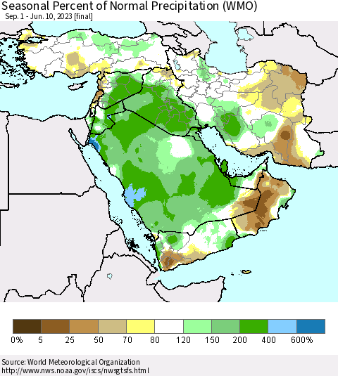 Middle East and Turkey Seasonal Percent of Normal Precipitation (WMO) Thematic Map For 9/1/2022 - 6/10/2023