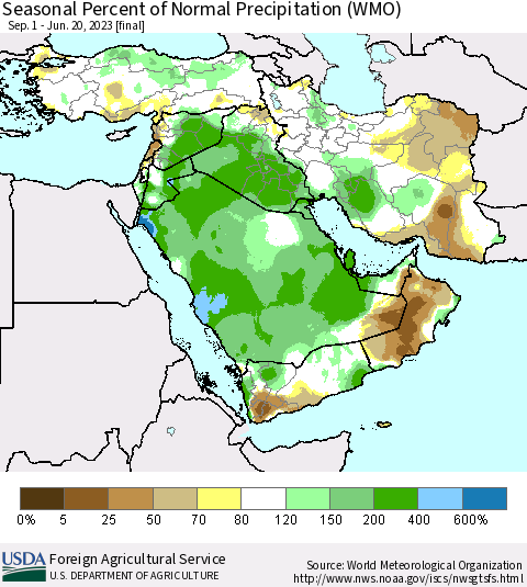 Middle East and Turkey Seasonal Percent of Normal Precipitation (WMO) Thematic Map For 9/1/2022 - 6/20/2023