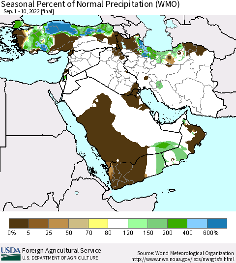 Middle East and Turkey Seasonal Percent of Normal Precipitation (WMO) Thematic Map For 9/1/2022 - 9/10/2022