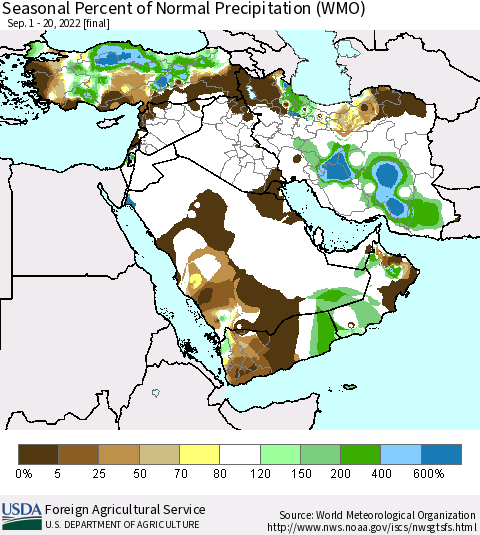 Middle East and Turkey Seasonal Percent of Normal Precipitation (WMO) Thematic Map For 9/1/2022 - 9/20/2022