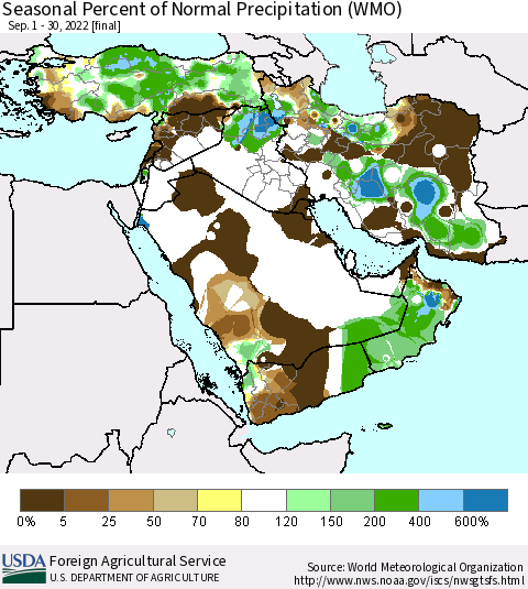 Middle East and Turkey Seasonal Percent of Normal Precipitation (WMO) Thematic Map For 9/1/2022 - 9/30/2022