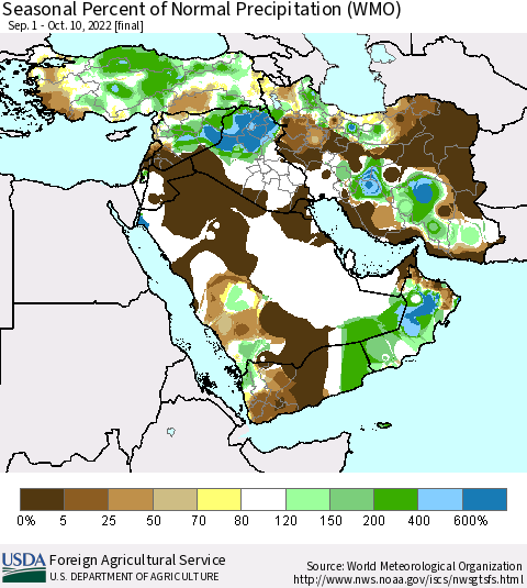 Middle East and Turkey Seasonal Percent of Normal Precipitation (WMO) Thematic Map For 9/1/2022 - 10/10/2022