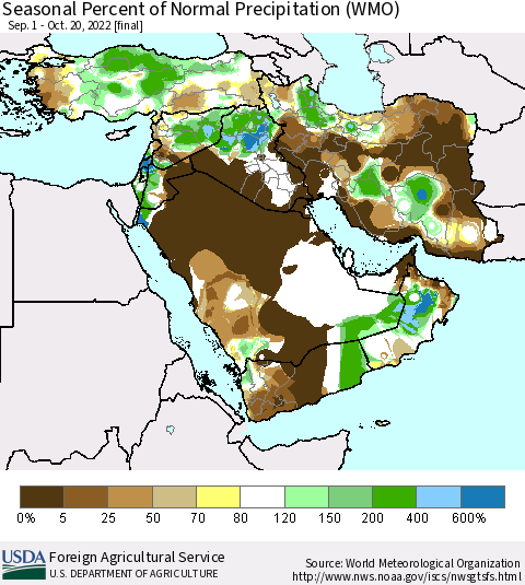Middle East and Turkey Seasonal Percent of Normal Precipitation (WMO) Thematic Map For 9/1/2022 - 10/20/2022
