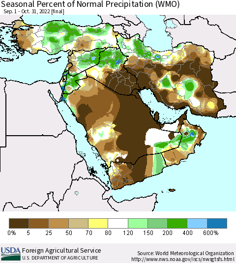 Middle East and Turkey Seasonal Percent of Normal Precipitation (WMO) Thematic Map For 9/1/2022 - 10/31/2022