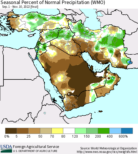 Middle East and Turkey Seasonal Percent of Normal Precipitation (WMO) Thematic Map For 9/1/2022 - 11/10/2022