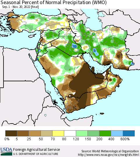 Middle East and Turkey Seasonal Percent of Normal Precipitation (WMO) Thematic Map For 9/1/2022 - 11/20/2022