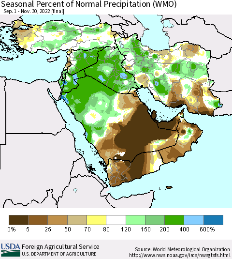 Middle East and Turkey Seasonal Percent of Normal Precipitation (WMO) Thematic Map For 9/1/2022 - 11/30/2022
