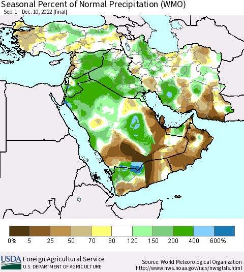 Middle East and Turkey Seasonal Percent of Normal Precipitation (WMO) Thematic Map For 9/1/2022 - 12/10/2022