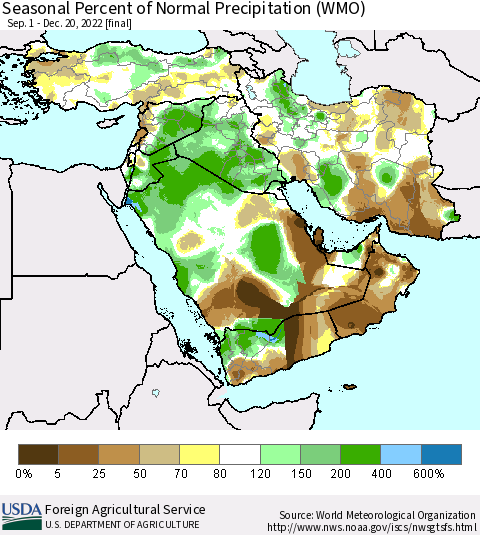 Middle East and Turkey Seasonal Percent of Normal Precipitation (WMO) Thematic Map For 9/1/2022 - 12/20/2022