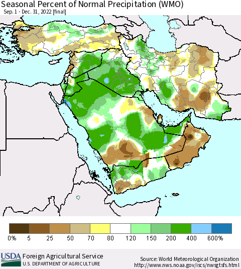 Middle East and Turkey Seasonal Percent of Normal Precipitation (WMO) Thematic Map For 9/1/2022 - 12/31/2022