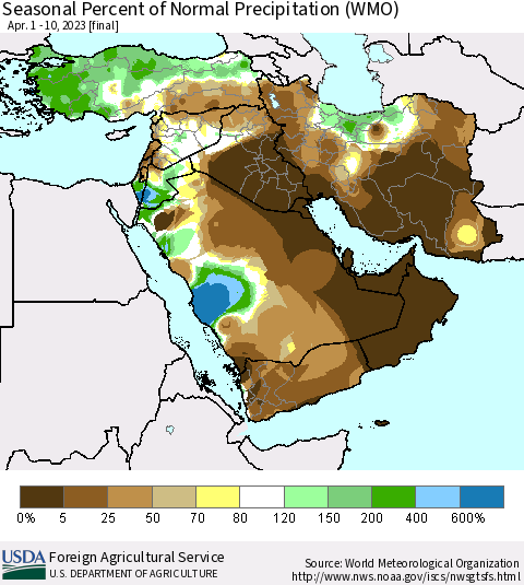 Middle East and Turkey Seasonal Percent of Normal Precipitation (WMO) Thematic Map For 4/1/2023 - 4/10/2023