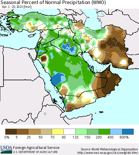 Middle East and Turkey Seasonal Percent of Normal Precipitation (WMO) Thematic Map For 4/1/2023 - 4/20/2023