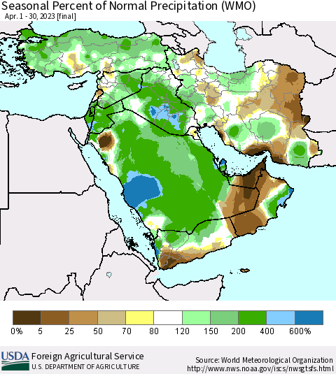 Middle East and Turkey Seasonal Percent of Normal Precipitation (WMO) Thematic Map For 4/1/2023 - 4/30/2023