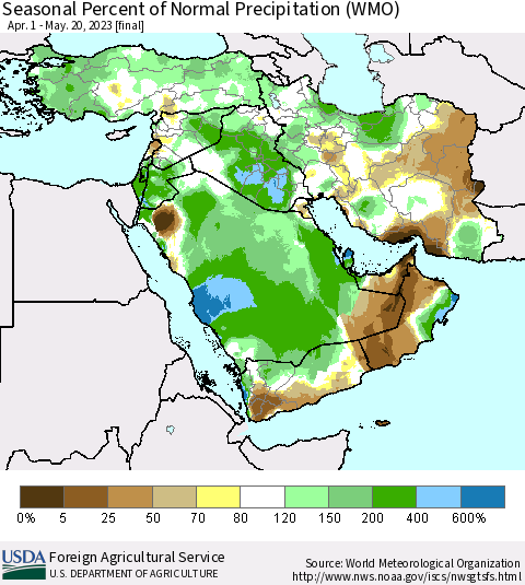 Middle East and Turkey Seasonal Percent of Normal Precipitation (WMO) Thematic Map For 4/1/2023 - 5/20/2023