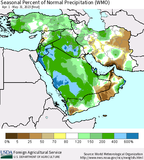 Middle East and Turkey Seasonal Percent of Normal Precipitation (WMO) Thematic Map For 4/1/2023 - 5/31/2023