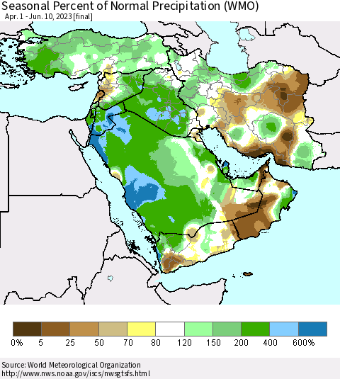 Middle East and Turkey Seasonal Percent of Normal Precipitation (WMO) Thematic Map For 4/1/2023 - 6/10/2023