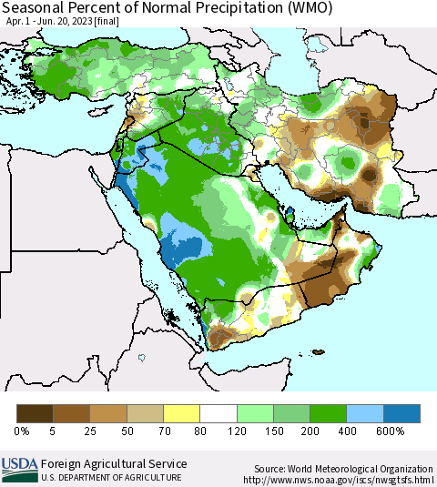 Middle East and Turkey Seasonal Percent of Normal Precipitation (WMO) Thematic Map For 4/1/2023 - 6/20/2023