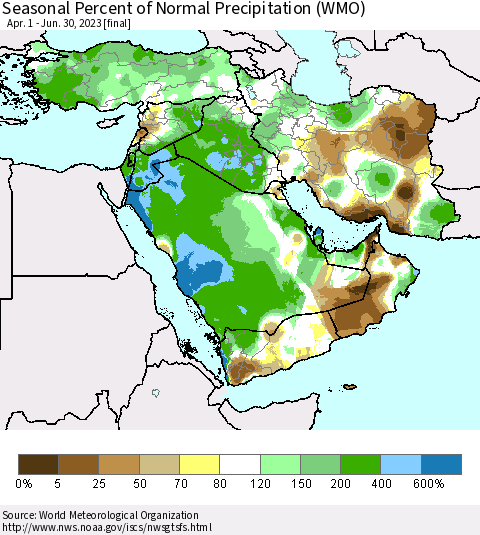 Middle East and Turkey Seasonal Percent of Normal Precipitation (WMO) Thematic Map For 4/1/2023 - 6/30/2023