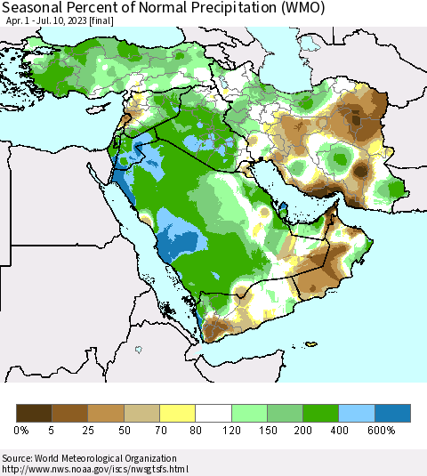 Middle East and Turkey Seasonal Percent of Normal Precipitation (WMO) Thematic Map For 4/1/2023 - 7/10/2023