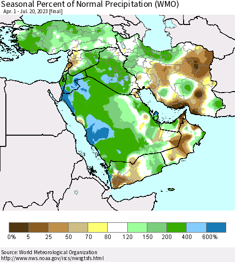 Middle East and Turkey Seasonal Percent of Normal Precipitation (WMO) Thematic Map For 4/1/2023 - 7/20/2023