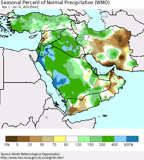 Middle East and Turkey Seasonal Percent of Normal Precipitation (WMO) Thematic Map For 4/1/2023 - 7/31/2023