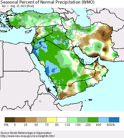 Middle East and Turkey Seasonal Percent of Normal Precipitation (WMO) Thematic Map For 4/1/2023 - 8/10/2023