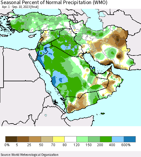 Middle East and Turkey Seasonal Percent of Normal Precipitation (WMO) Thematic Map For 4/1/2023 - 9/10/2023