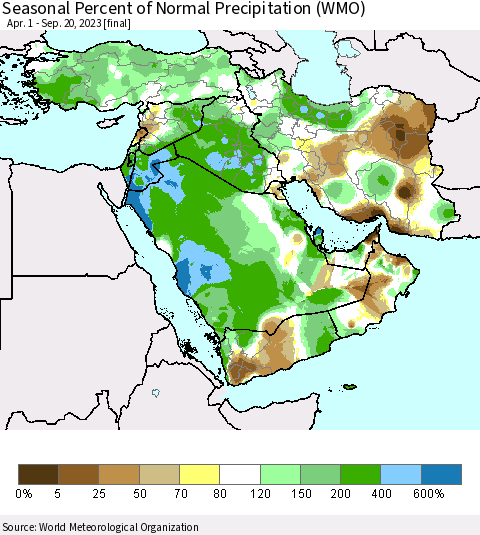 Middle East and Turkey Seasonal Percent of Normal Precipitation (WMO) Thematic Map For 4/1/2023 - 9/20/2023