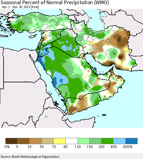 Middle East and Turkey Seasonal Percent of Normal Precipitation (WMO) Thematic Map For 4/1/2023 - 9/30/2023