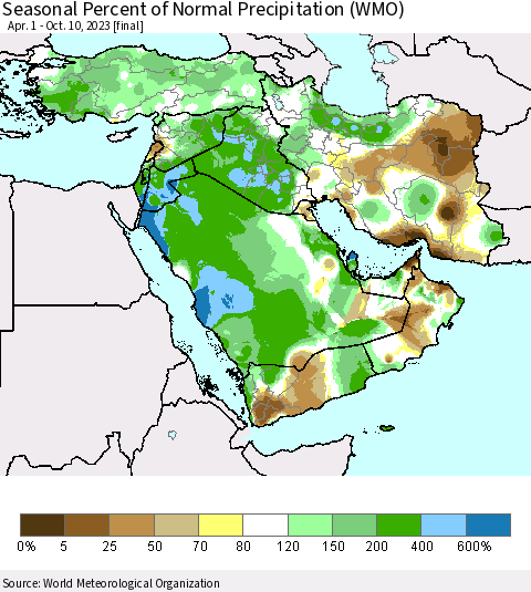 Middle East and Turkey Seasonal Percent of Normal Precipitation (WMO) Thematic Map For 4/1/2023 - 10/10/2023