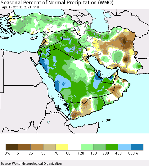 Middle East and Turkey Seasonal Percent of Normal Precipitation (WMO) Thematic Map For 4/1/2023 - 10/31/2023