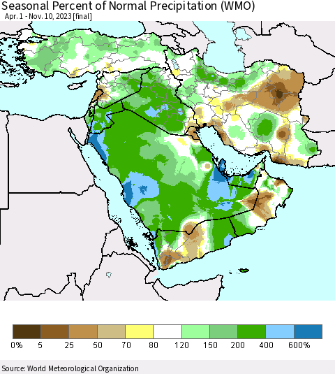 Middle East and Turkey Seasonal Percent of Normal Precipitation (WMO) Thematic Map For 4/1/2023 - 11/10/2023